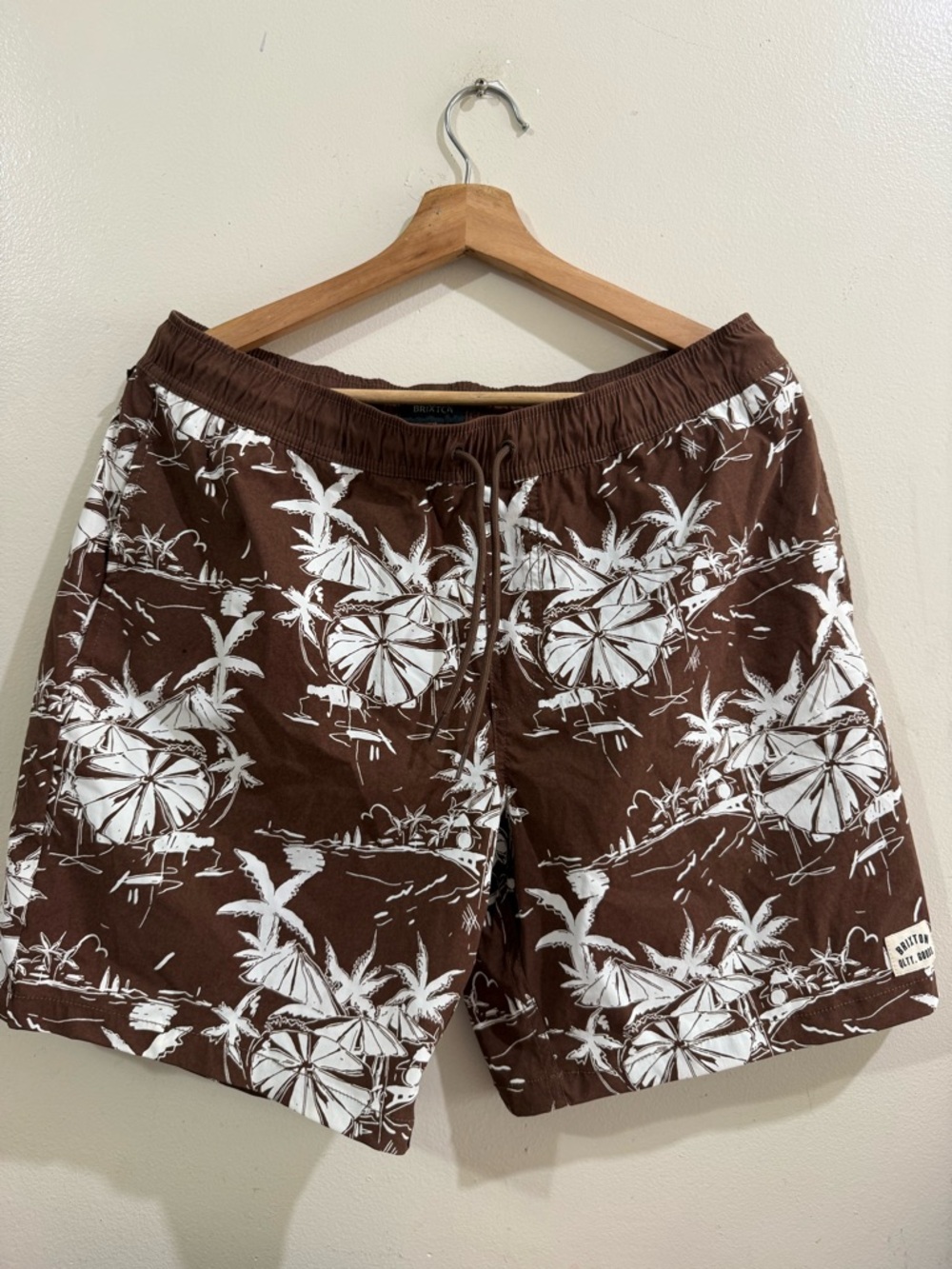 Brixton Brown and White Palm-Print Swim Trunks